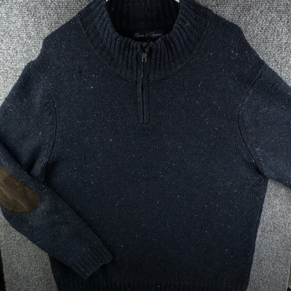 Davis & Squire Sweater Men XL Blue 1/4 Zip Pullover Wool Blend Elbow Patches